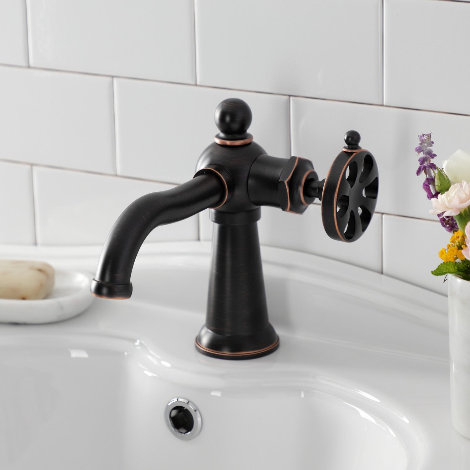 Kingston Tulare KS354RXNB - Belknap One-Handle 1-Hole Bathroom Faucet with Push Pop-Up Drain, Naples Bronze — thumbnail 2